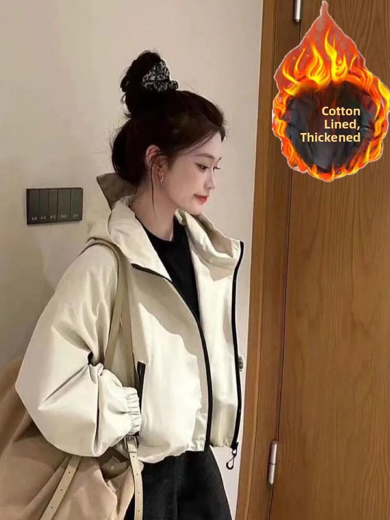 

Casual Thickened Cotton Jacket Women's Lazy Style Short Coat Breathable Loose Fit Winter Outerwear with Pockets Zipper Closure