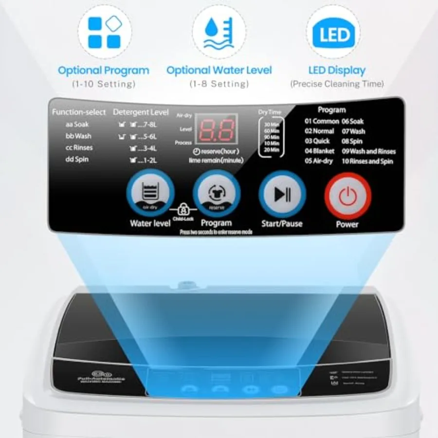 Portable Washing Machine 17.8Lbs 2.4 Cu.ft Full Automatic Washer with 10 Programs and 8 Water Levels LED Display and Drain Pump