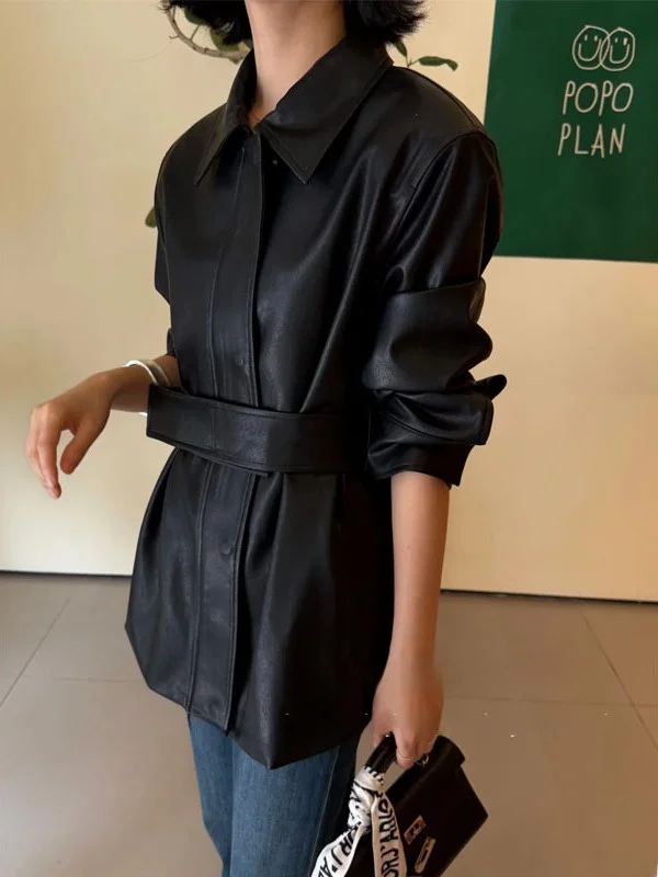 

Женская кожаная куртка Ele Slimming средней длины, модное черное пальто с воротником-стойкой, длинными рукавами, приталенного кроя, для повседневной носки