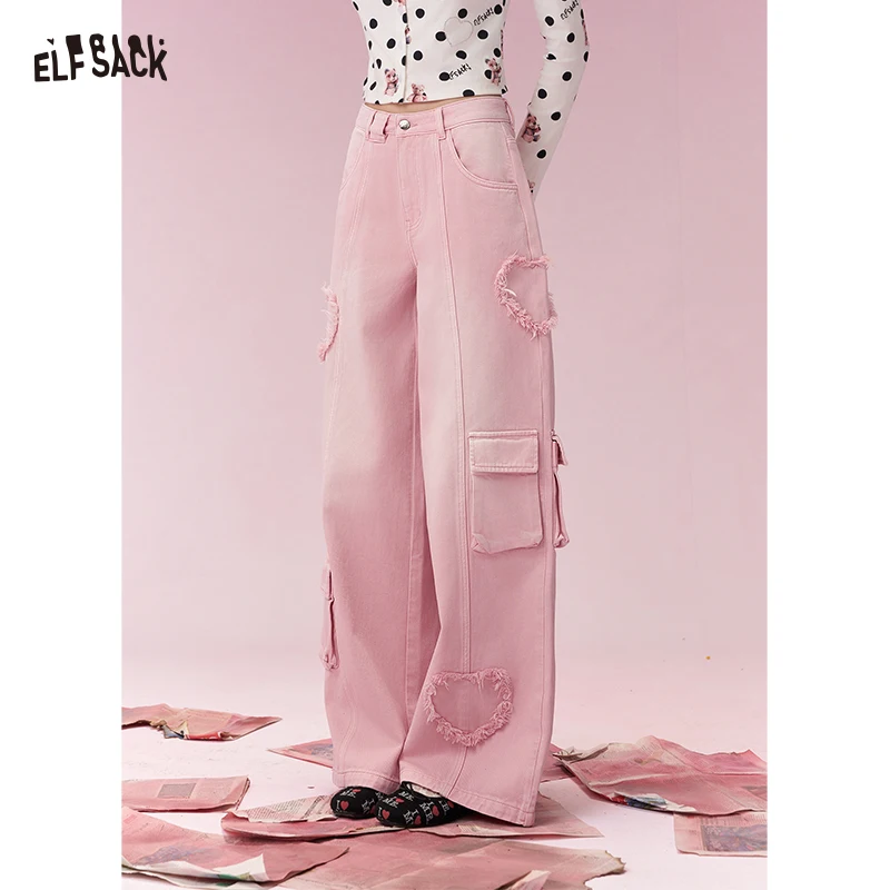 ELFSACK Sweet Cool Heart Distressed Hem Pink Cargo Wide Leg Jeans For Women