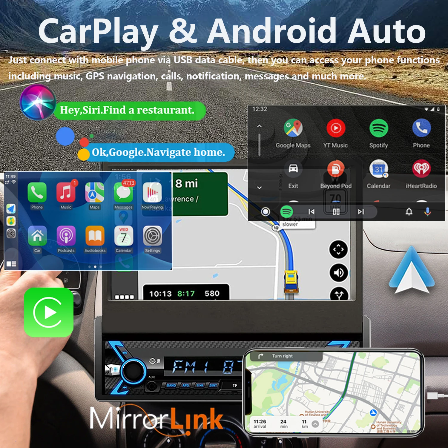 7 Inch Retractable Car Radio Stereo 1 Din HD Touch Screen Car Video Player with Dash Cam & Backup Camera Navigation AUX/FM/USB