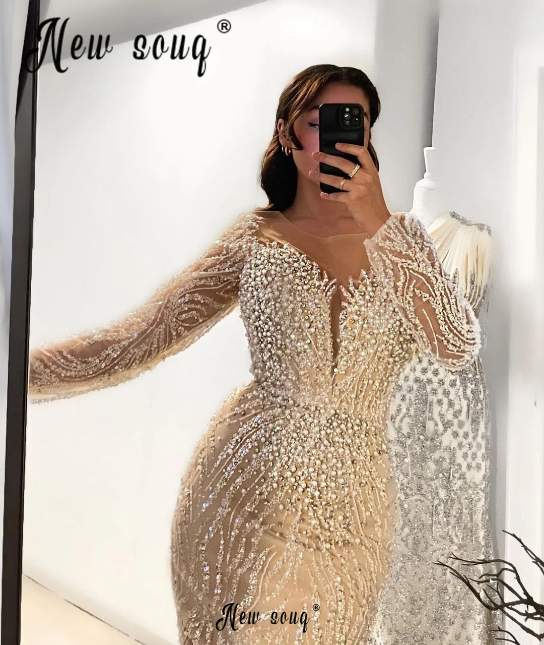 

Solid Champagne Beaded Pearls Long Sleeve Party Dress Arabic Mermaid Wedding Dinner Night Gowns Elegant Formal Prom Dress