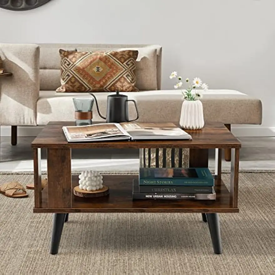 Industrial Coffee Table, 2-tier Wooden Center Table with Storage Shelf