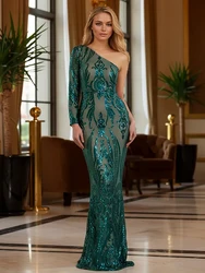 Sequined Retro Evening Dress One Shoulder Single Sleeve Floor Length Stretchy Prom Gown for Women