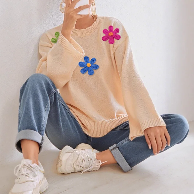 

Трехмерные красочные цветочные сращивания, осень-зима, свободные удобные повседневные топы с длинными рукавами, круглый пуловер, женский свитер