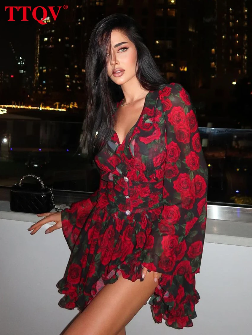 

TTQV Fashion Loose Print Women's Dress 2025 Sexy V-Neck Long Sleeve Mini Dresses Lady Elegant Classic Ruffles Female Dress