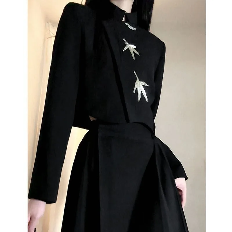 Lnsozkdg Two Piece Set Chinese Traditional Dress Modern Hanfu Elegant Women Dress Sets Solid Color Long Sleeves Black Skirt Suit