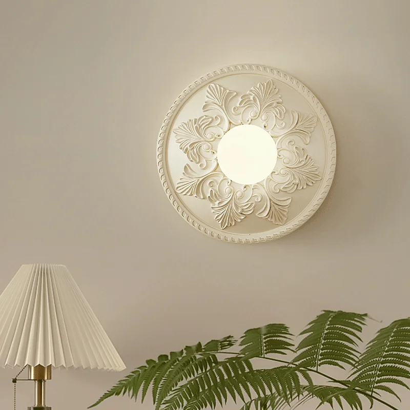 French Circular White Bedside Wall Lamp Bedroom High-end Retro Round Living room Sconce Milk White Glass Lampshade Light Fixture