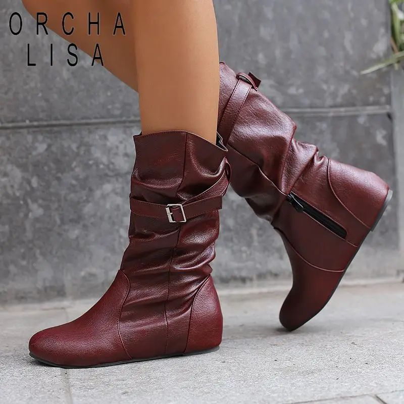 

ORCHA LISA2025 Женские повседневные ботинки до середины икры с круглым носком, каблук 4 см, застежка-молния, ремень с пряжкой, размер 44 46 48 49 50