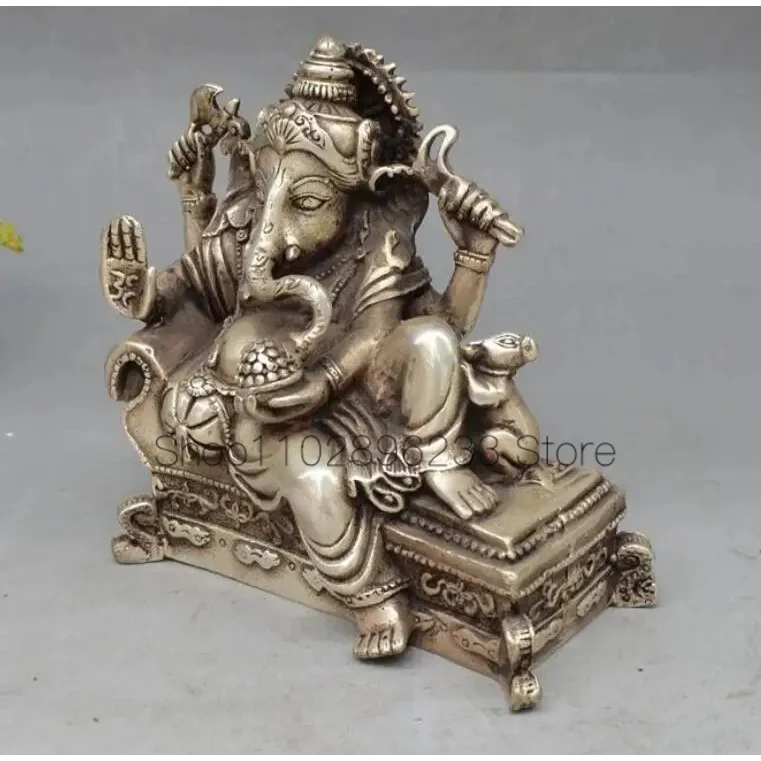 

Copper Statue 6" lucky Chinese Tibet Silver 4 Arms Ganesh Elephant Mammon Buddha Mouse Statue