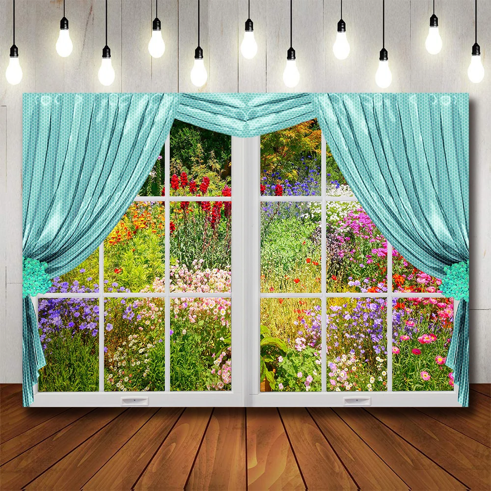 Romantic Decor with Large Window Flower Curtain for Photography Background Children Portrait Photo Studio Shoot Backdrop Props