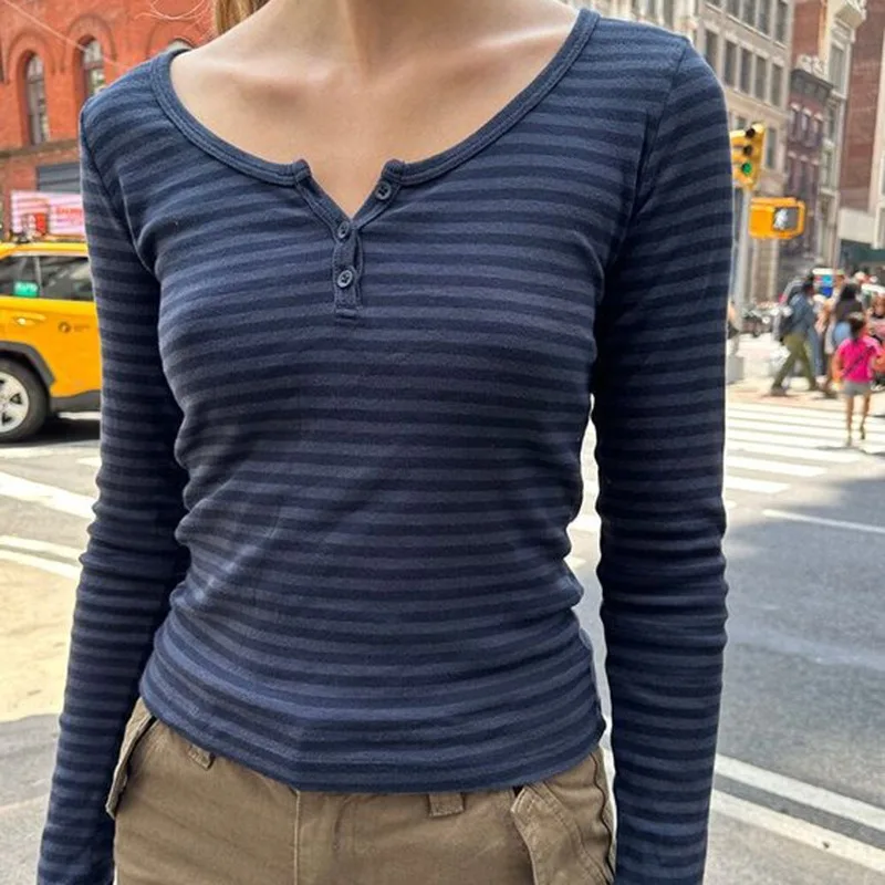 خريف جديد المرأة تي شيرت الشارع الشهير موضة مخطط طويل الأكمام س الرقبة زر عادية سليم تيز مثير سيدة تنوعا محبوك تيز #1