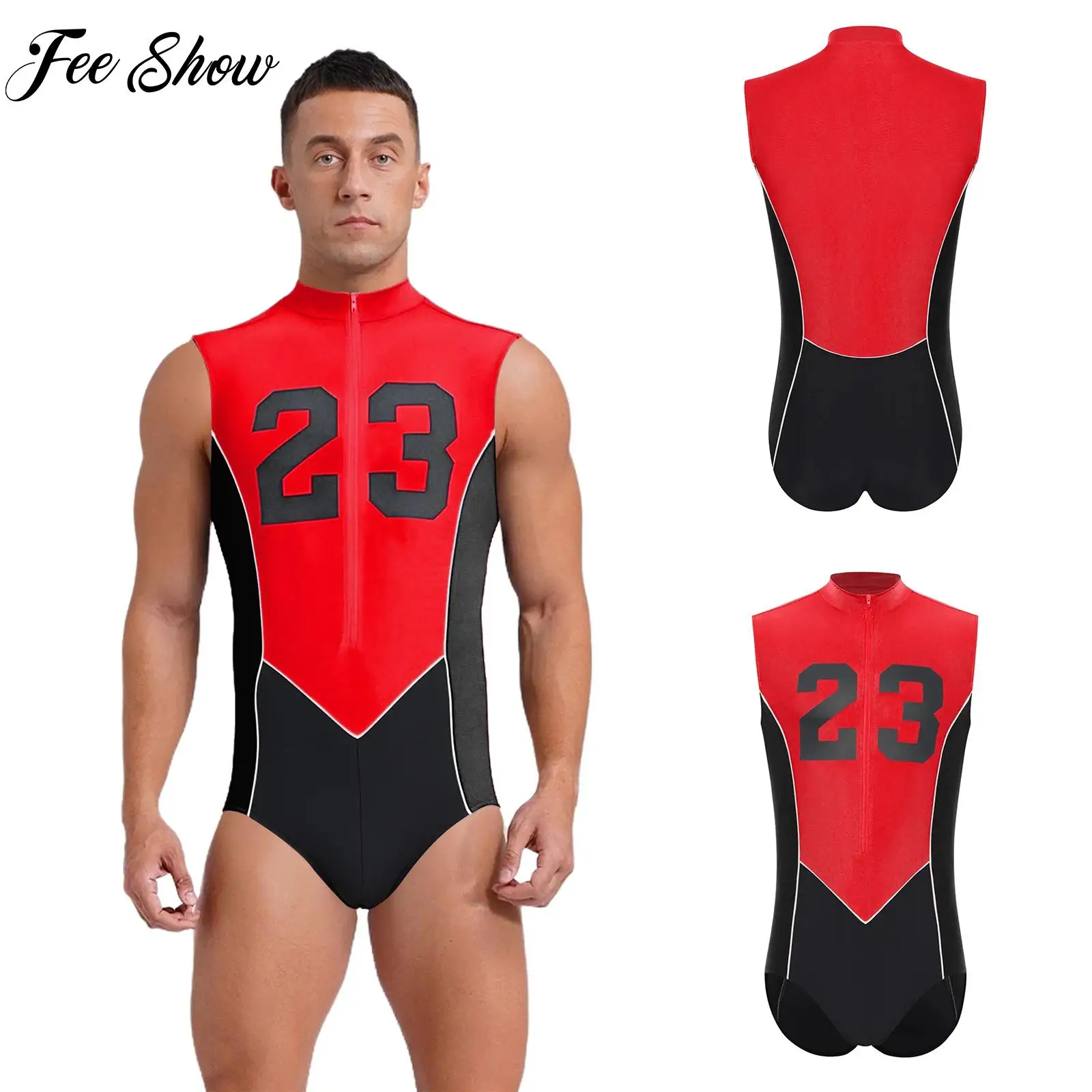Mens One Piece Swimsuit Sports Bodysuit Sleeveless Number Printed Color Block Leotard for Cycling Running Fitness Workout Wear