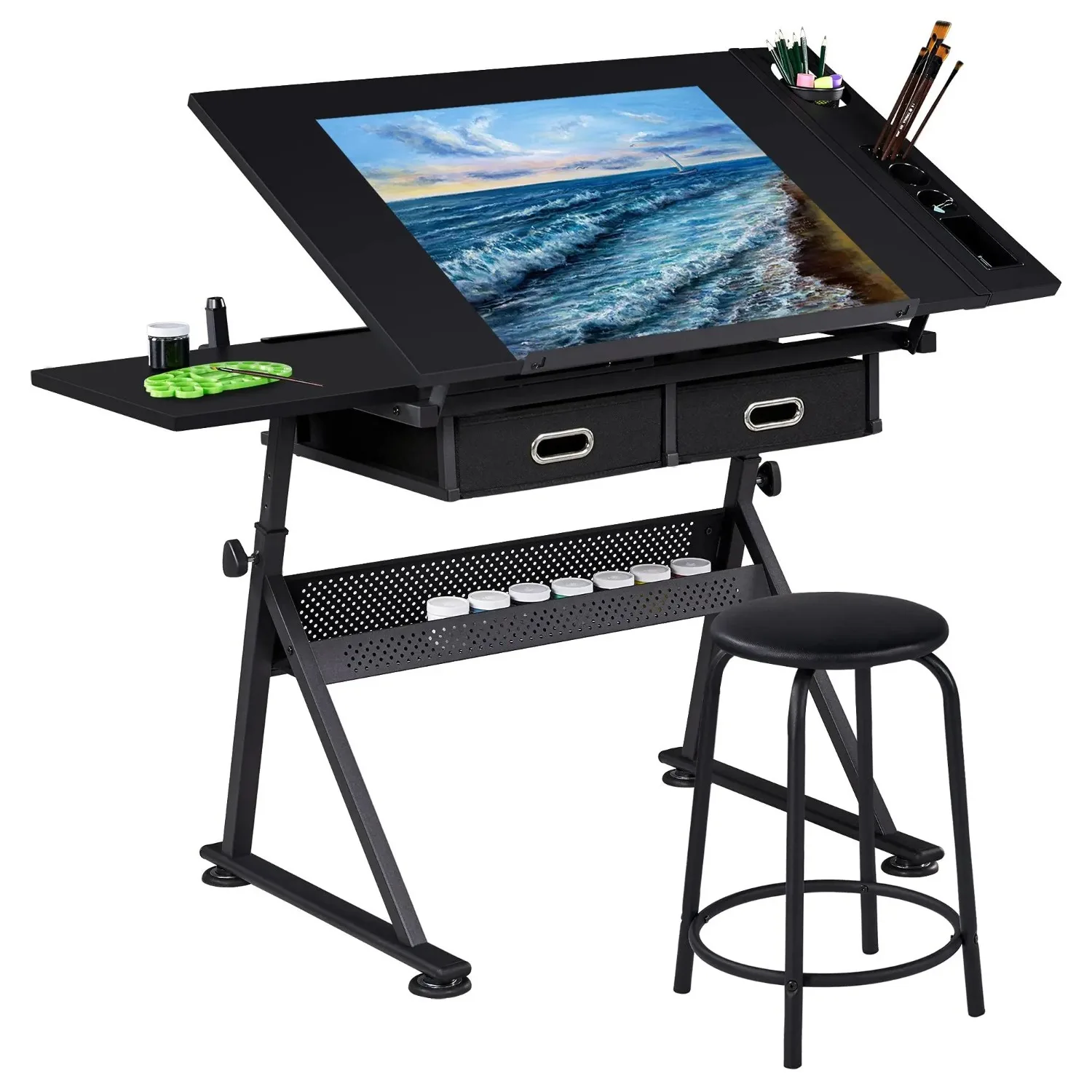 Art Craft Table Drawing Table Height Adjustable Drafting Desk Work Station with Tiltable Tabletop w/Stool and 2 Storage