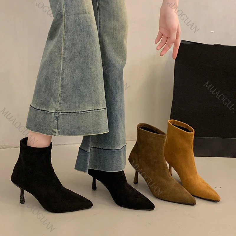 New Suede Pointed Toe Stiletto Heel Ankle Boots Spring Autumn Women's Shoes Elegant Slip on Solid Elastic Chelsea Short Botines
