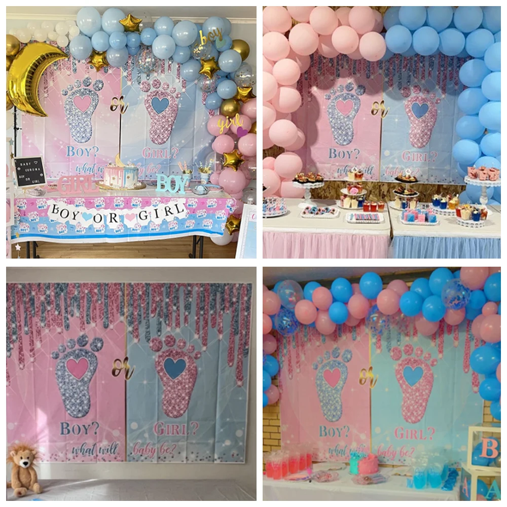 Gender Reveal Newborn Photography Backdrop Boy Or Girl Baby Shower Poster Blue Or Pink Elephant Bear Balloon Photo Background