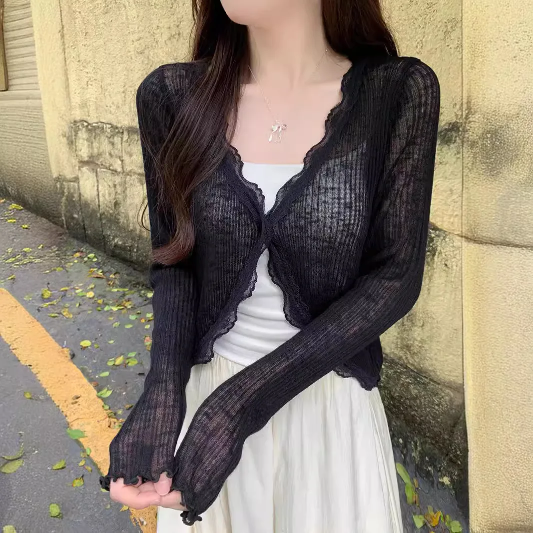 Cardigan estivo in maglia sottile con finiture in pizzo, top corto a maniche lunghe con bottone singolo, cardigan in maglia a costine, maglione di protezione solare in lana
