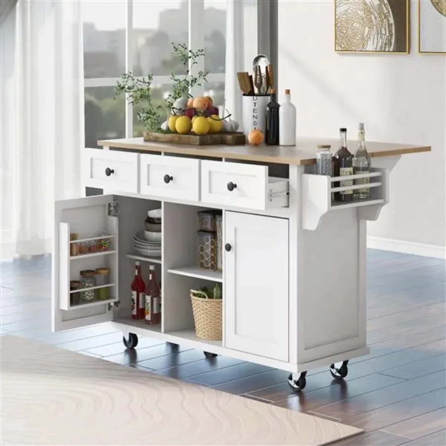 Rubber Wood Drop-Leaf Kitchen Cart with Internal Storage Racks 5-Wheel Rolling Island for Dinning Room White