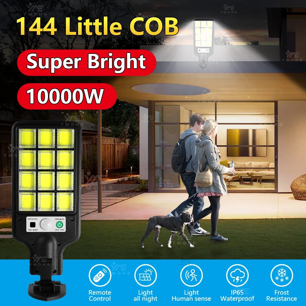 

Солнечный светодиодный светильник 144 COB для улицы, IP65, водонепроницаемый, для сада, уличный настенный светильник на солнечной энергии с датчиком движения, 3 режима, для патио и дорожек