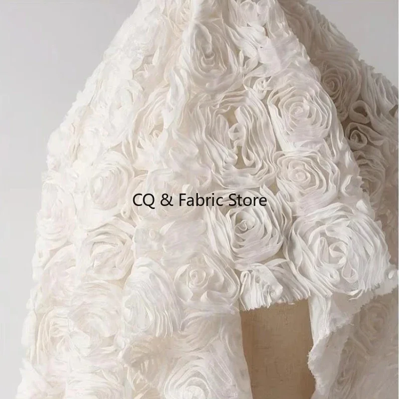 3D Rose Flower Embroidered Mesh Fabric Fashion Creative Designer Fabric for Sewing