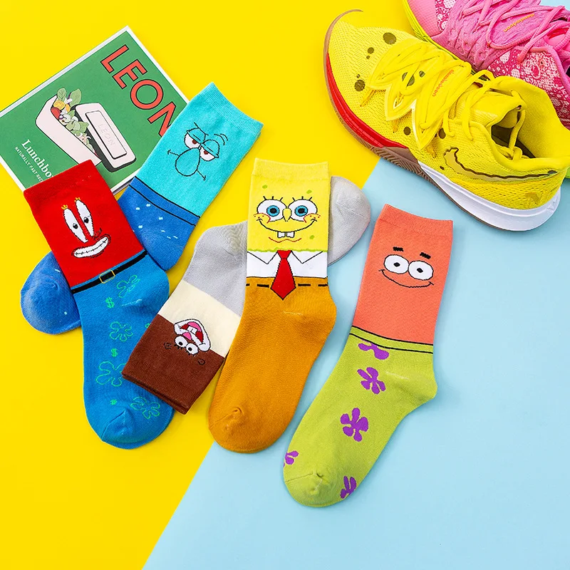 Owen Sponge Bobs Socks Cartoon co-branded hipster socks Middle Tube Socks Sports Socks Pure Cotton Odor Proof Spring Autumn Sock