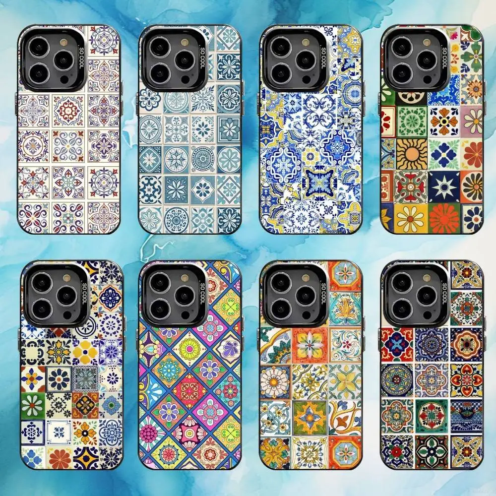 حافظة هاتف فسيفساء من بلاط البحر الأبيض المتوسط لهاتف iPhone17,16,15,14,13,12,11 Plus، Pro Max مطلية بالفضة باللون الأسود والداخل #1