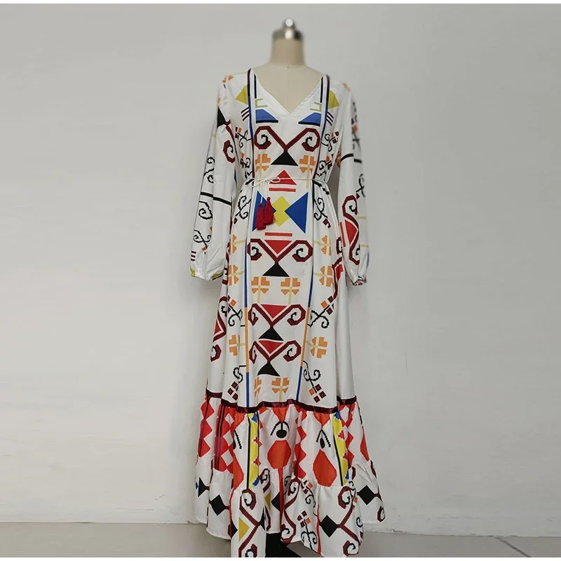 Printed V-Neck Lantern Sleeve Women\'s Long Dress Loose Lace Up Tassels Pleated Dresses 2024 Spring Summer Vacation Ladies Robe