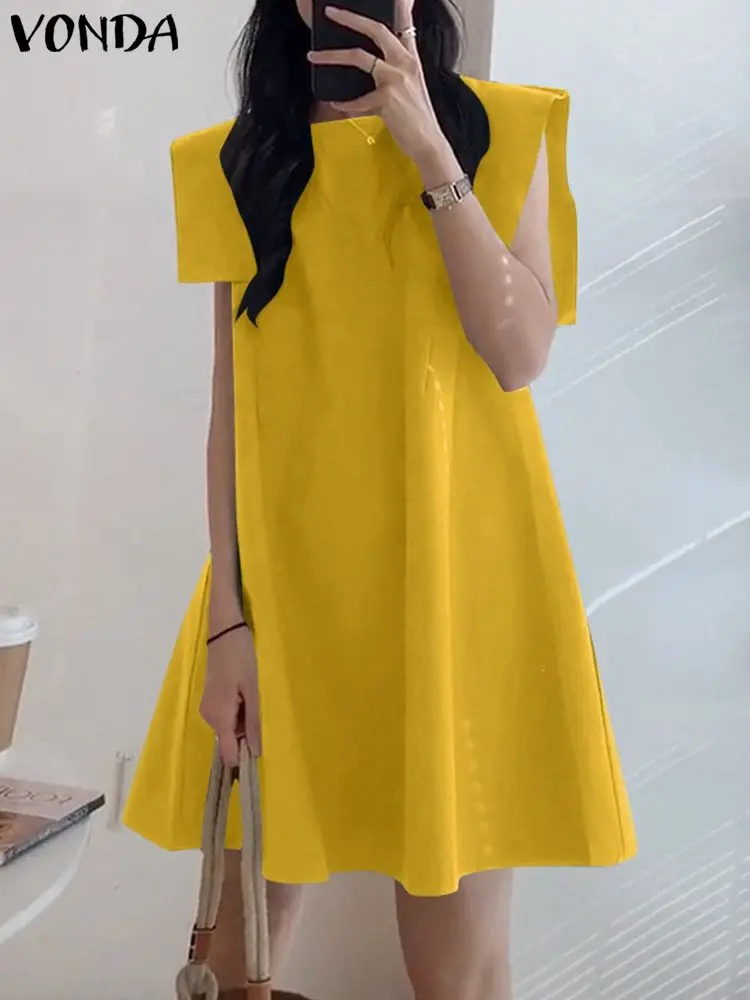 VONDA Summer Dress 2024 Women Casual Vintage Solid Color Dress Elegant Evening Party Sundress Loose Sexy Vestidos Robe Oversize