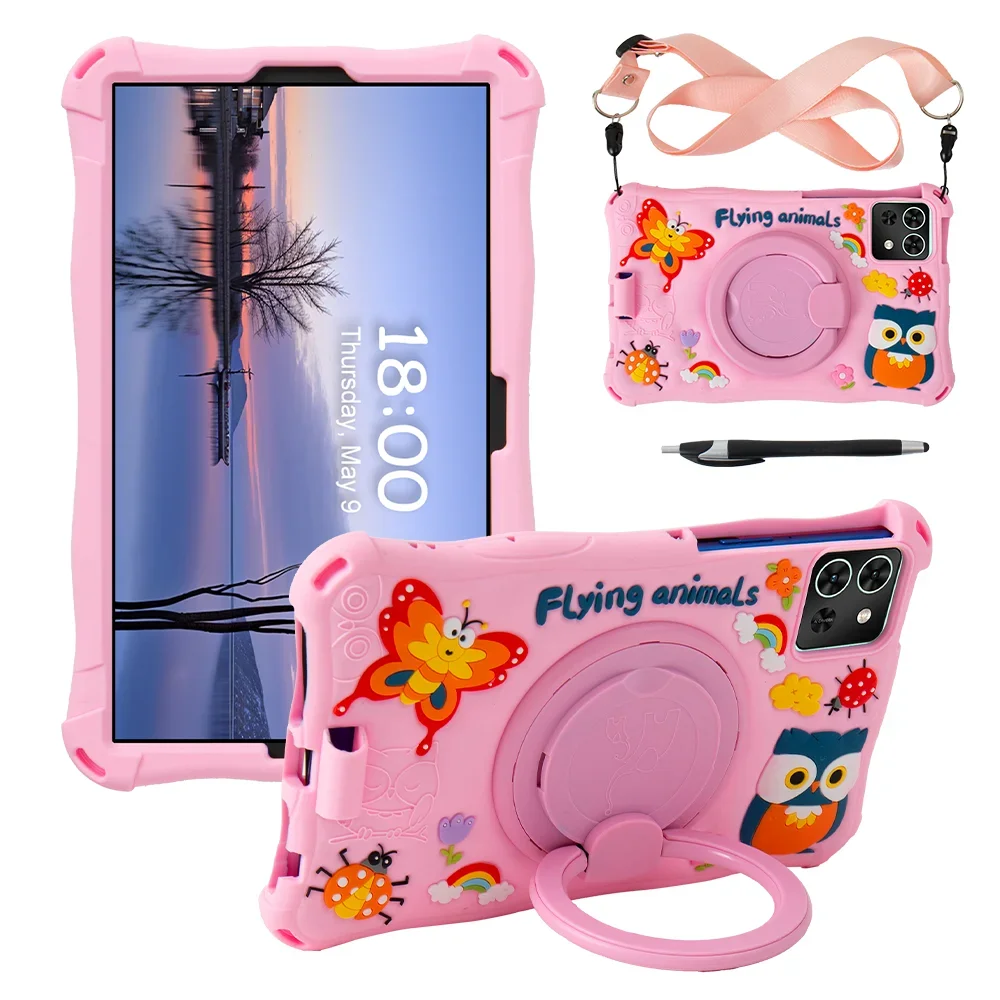 Kids Silicone Case for Samsung Galaxy Tab A9 8.7 inch 8.7 SM-X110 X115 X117 2023 Cartoon Rotation Stand Cover with Strap and Pen