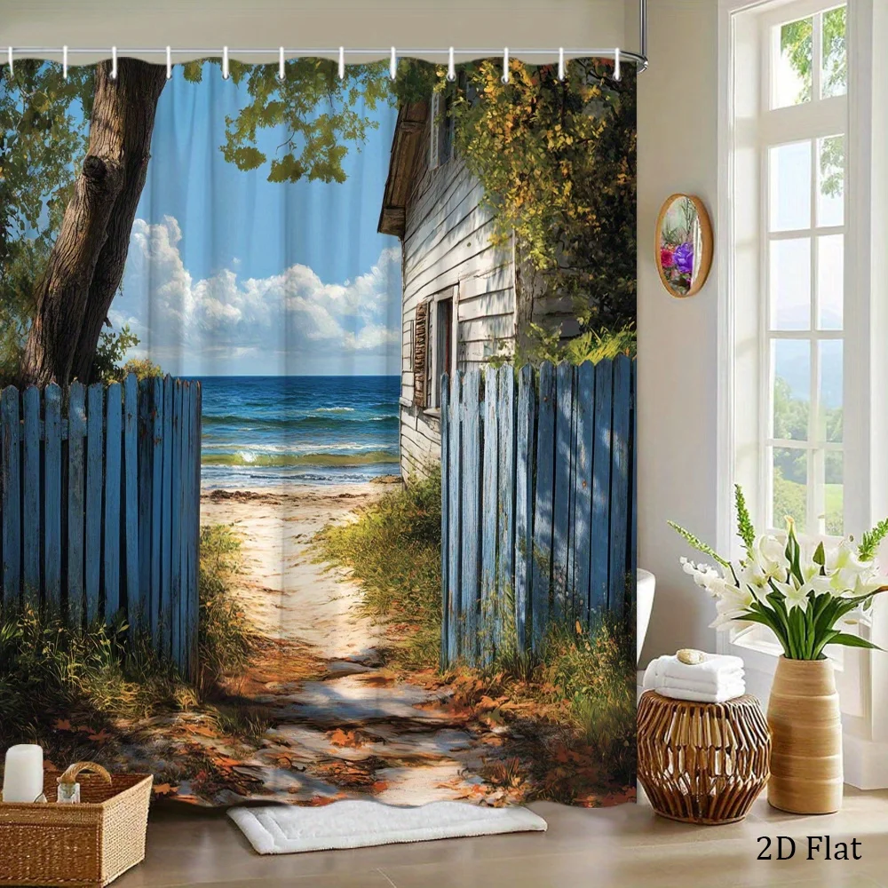 1pc Shower Curtain Featuring a Beach View Through a Blue Wooden Fence, Showcasing a Weathered Fence That Leads to a Sandy, a Rus