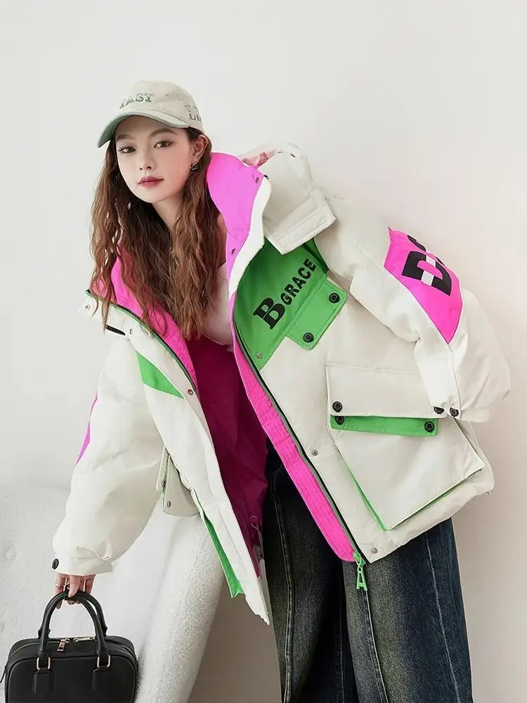 European fashion contrasting color cargo Parker medium long down jacket women's winter new white duck down loose jacket