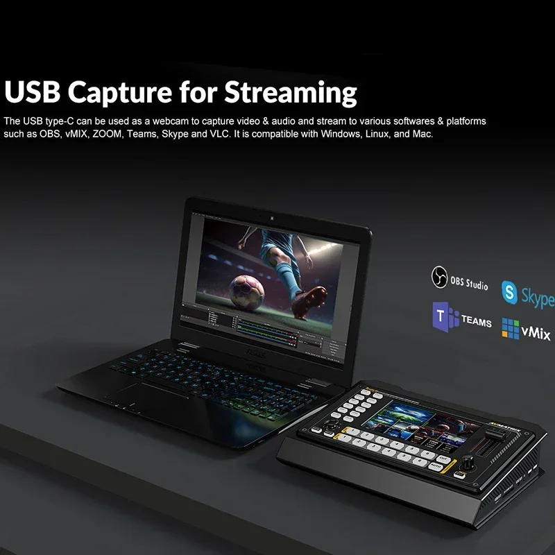 AVMATRIX 6CH Video Switcher SHARK S6 HDMI & SDI Inputs Multi‑Format Live Streaming,5‑inch HD Display,Audio Mixer,USK & DSK Keyer