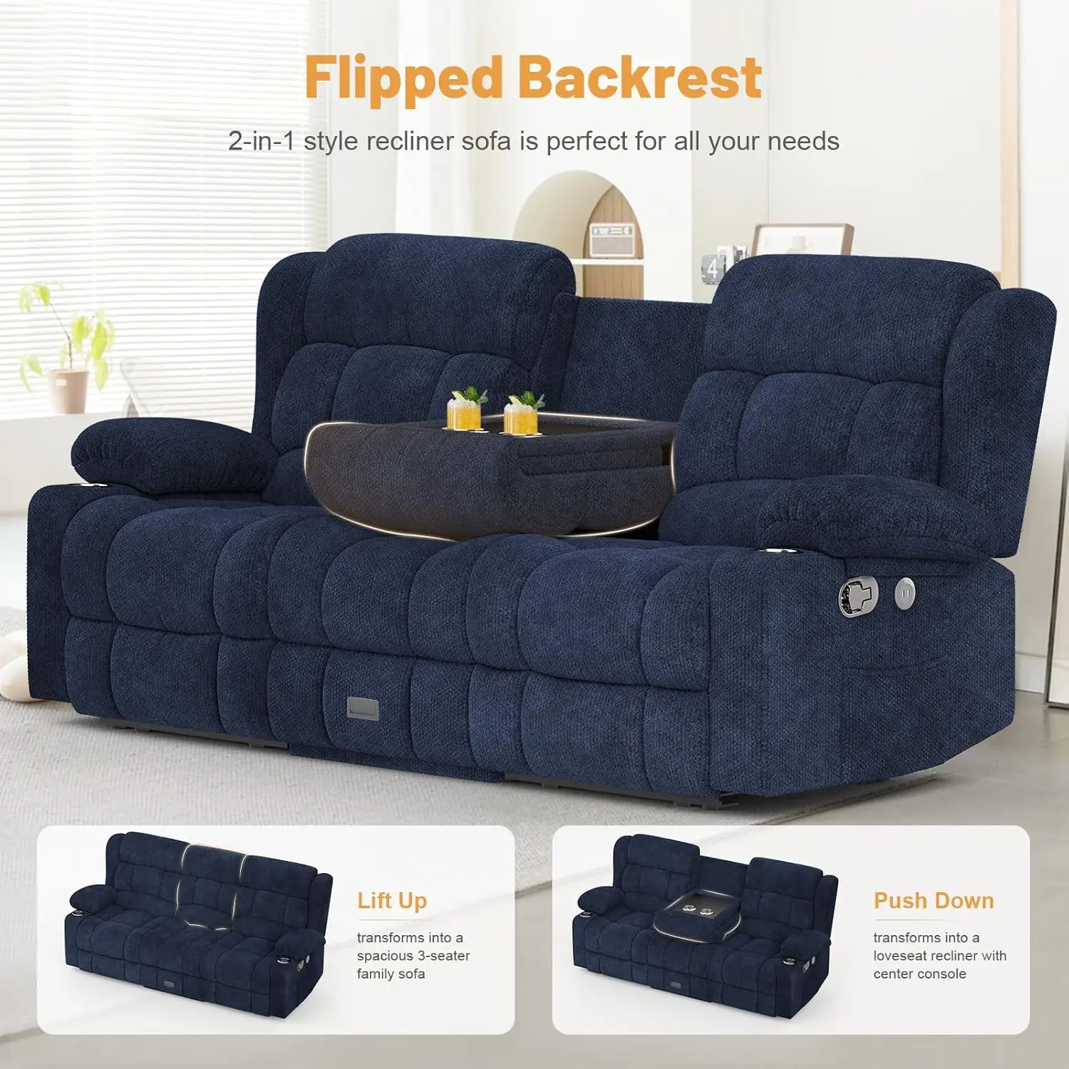 S8420caab69bb4c78a5c0d4c24709f318k Recliner Sofa Set with Flip Middle Backrest for Living Room and RV