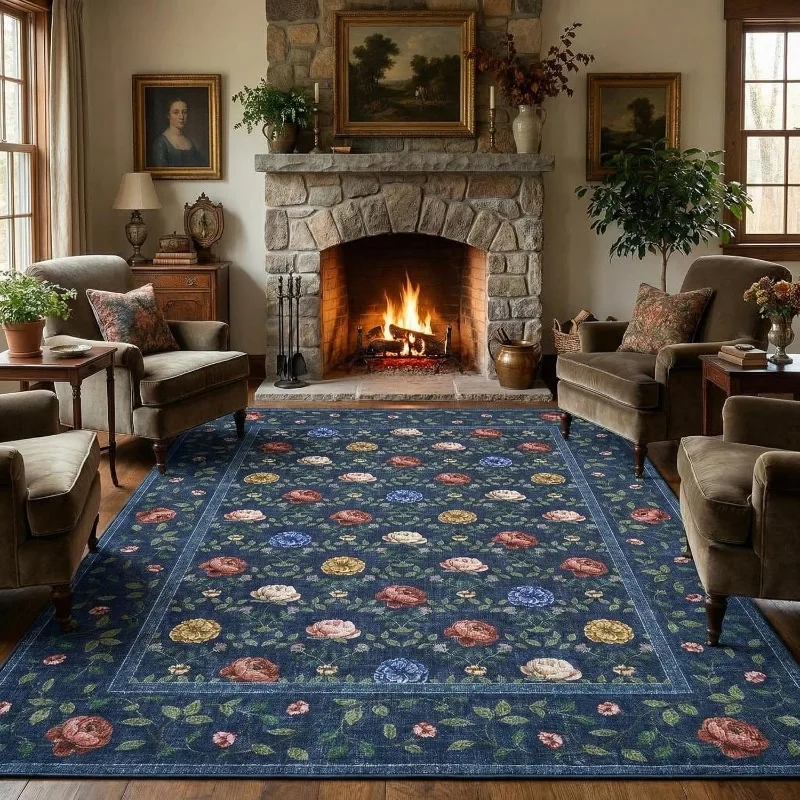 Navy Blue Living Room Carpet Retro-style Luxury French Bedroom Rug Machine Washable Foldable Non-slip Coffee Table Sofa Mats