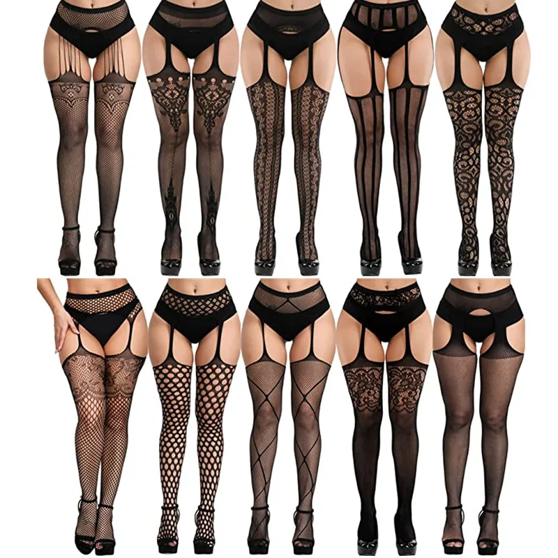 Stoking Wanita Seksi Stoking Jala Transparan Pantyhose Tanpa Tali Stoking Bordir Elastis Tinggi Paha dengan Sabuk Garter