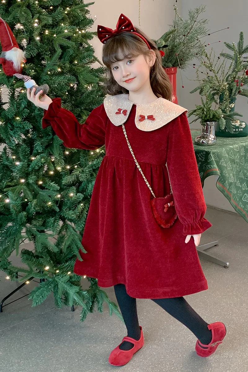 Mädchenkleid aus rotem Samt mit Paillettenkragen und Schleifendekor, Fleece-gefüttert, warm, langärmlig, A-Linien-Kleid, Kinderkleidung für Neujahr. – Detail 9