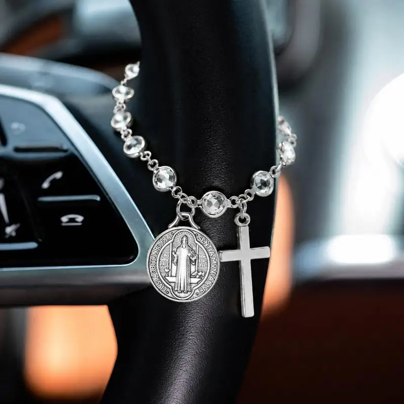 Protection Rosary Car Accessory St. Benedict Medal & Cross Pendant For Auto Interior Decor Religious Protection Pendant