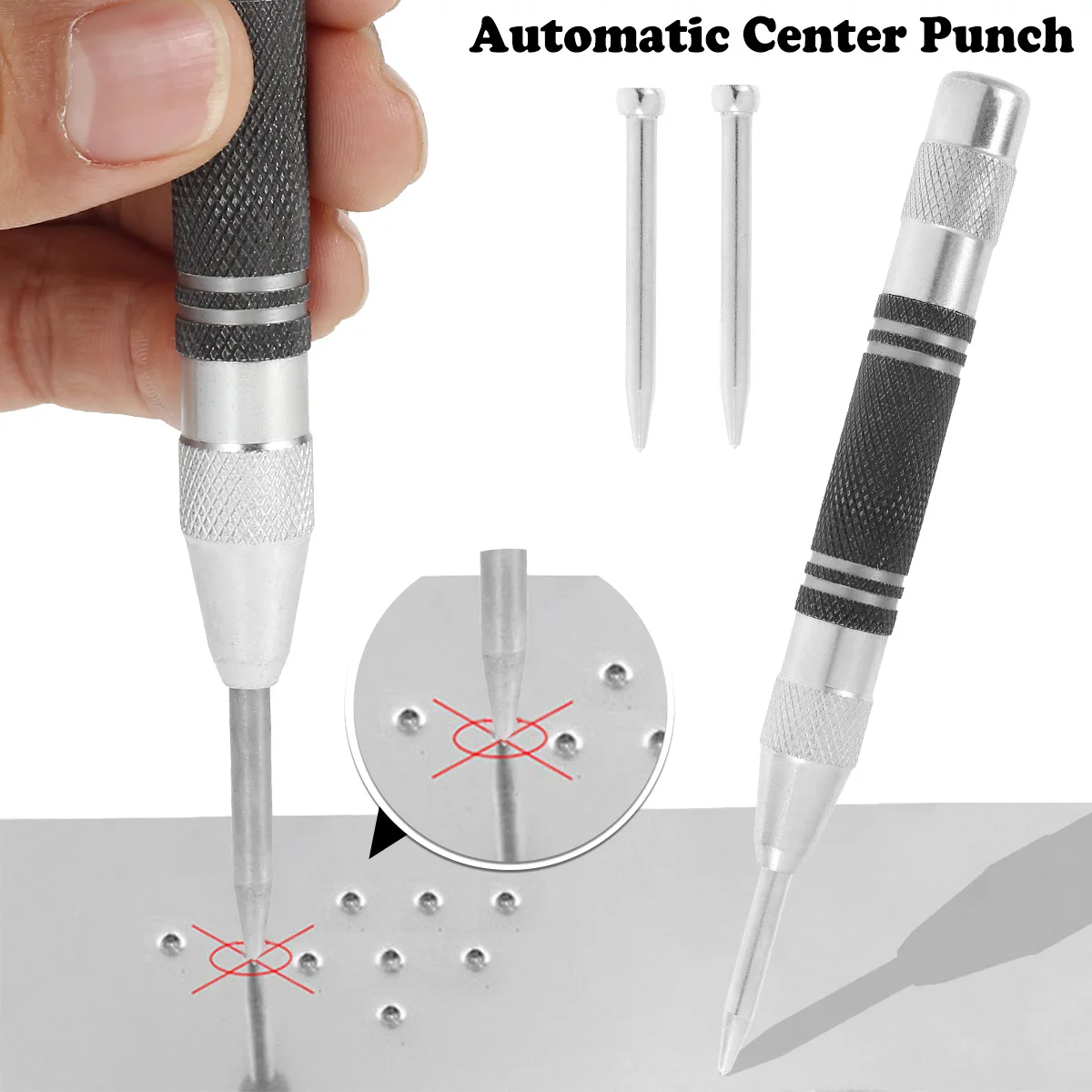 Automatic Center Punch 5 Inch Spring Loaded Center Drill Hole Punch Adjustable Nonslip Positioning Punch Hand Tool Car Window