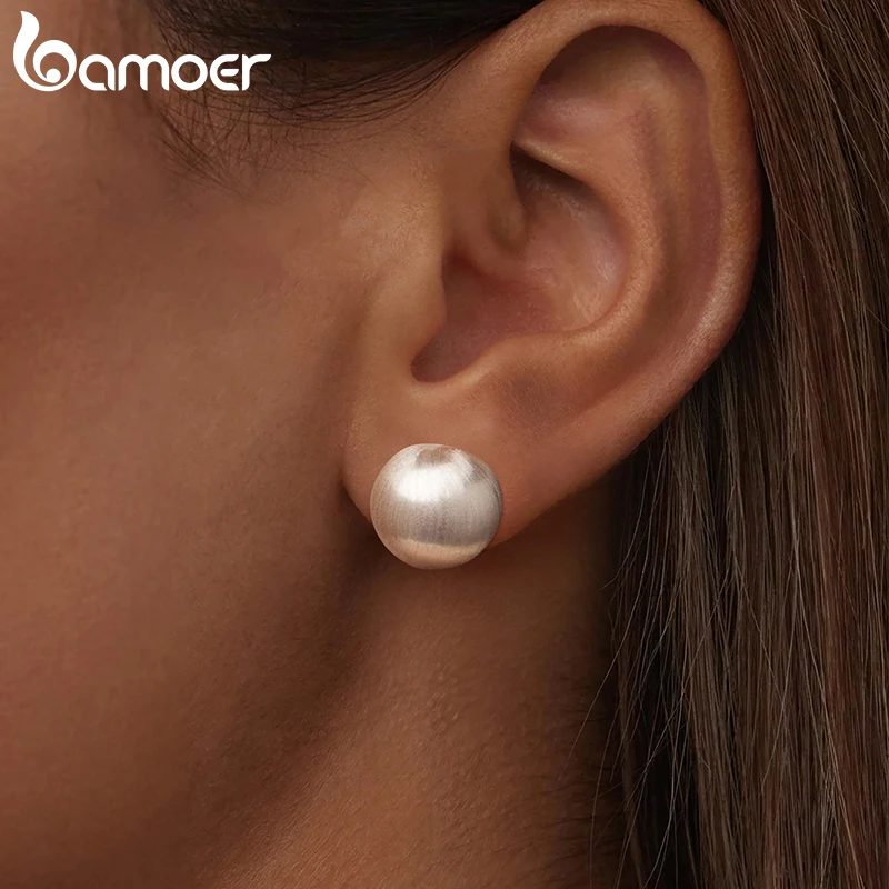 BAMOER White Gold Plated Post Glossy 3D Ball Hoop Earrings, High Polished Trendy Fashion Jewelry for Women 925 Sterling Silver