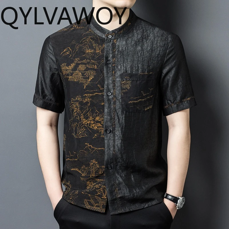 QYLVAWOY 100% Real Mulberry Silk Men's Shirts Thin Man Shirt Stand Collar Shirts for Man Chemise Hommes Summer Tops Short Sleeve