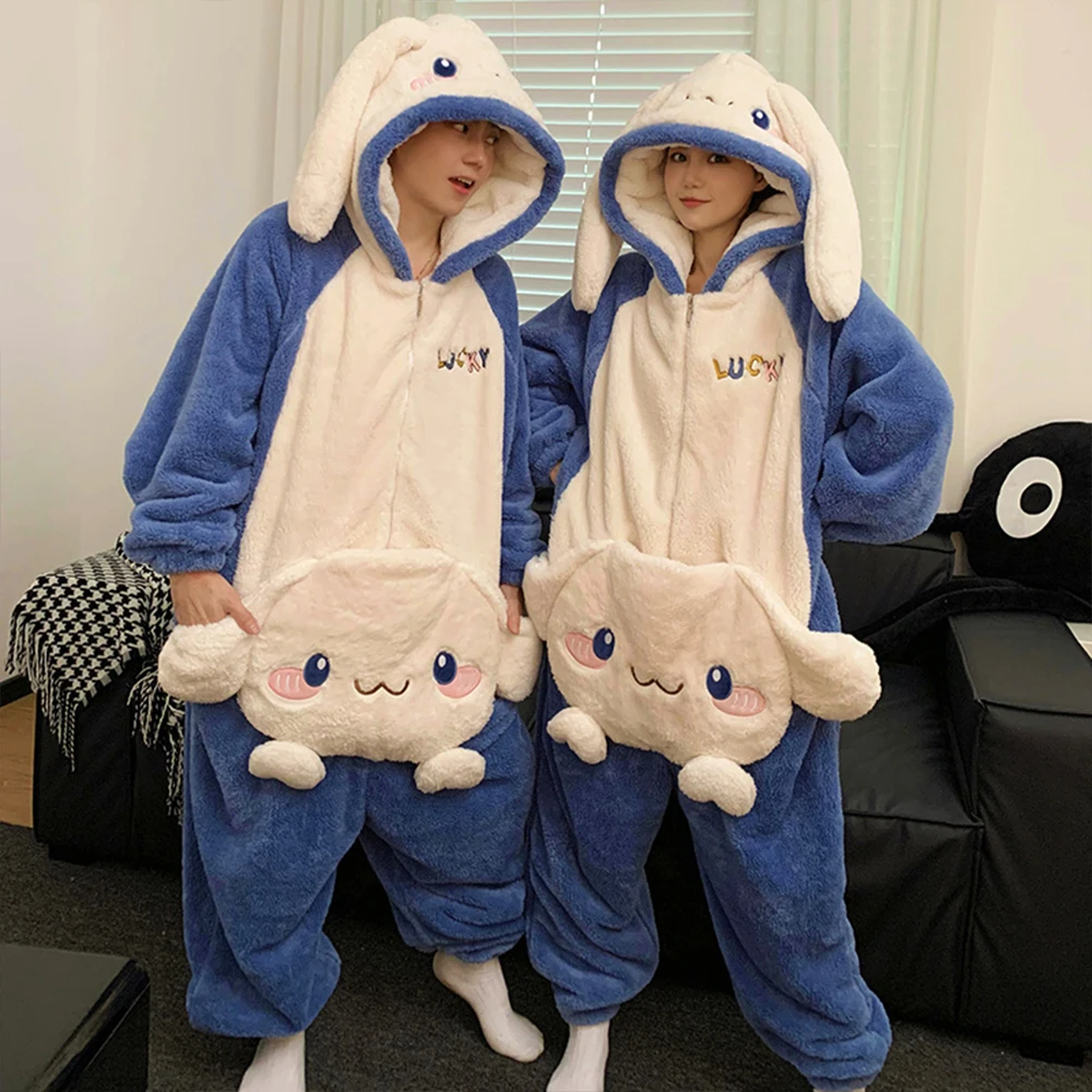 Anime Kuromi Jumpsuit Pajamas Sanrioed Cute Couple Plush Home Clothes Kawaii Cartoon Winter Men Women Hooded Plus Size Nightwear