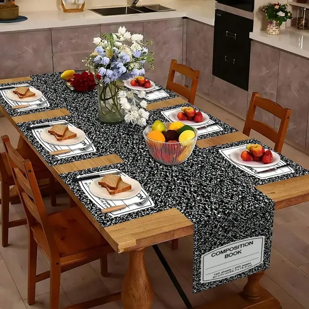 1/4/5/6/7pcs 2D Linen Composition Book Table Runner and Placemats, Suitable for Back to School Party Decoration Welcome First Day of School Classroom Dining Room Home Kitchen Table Decor