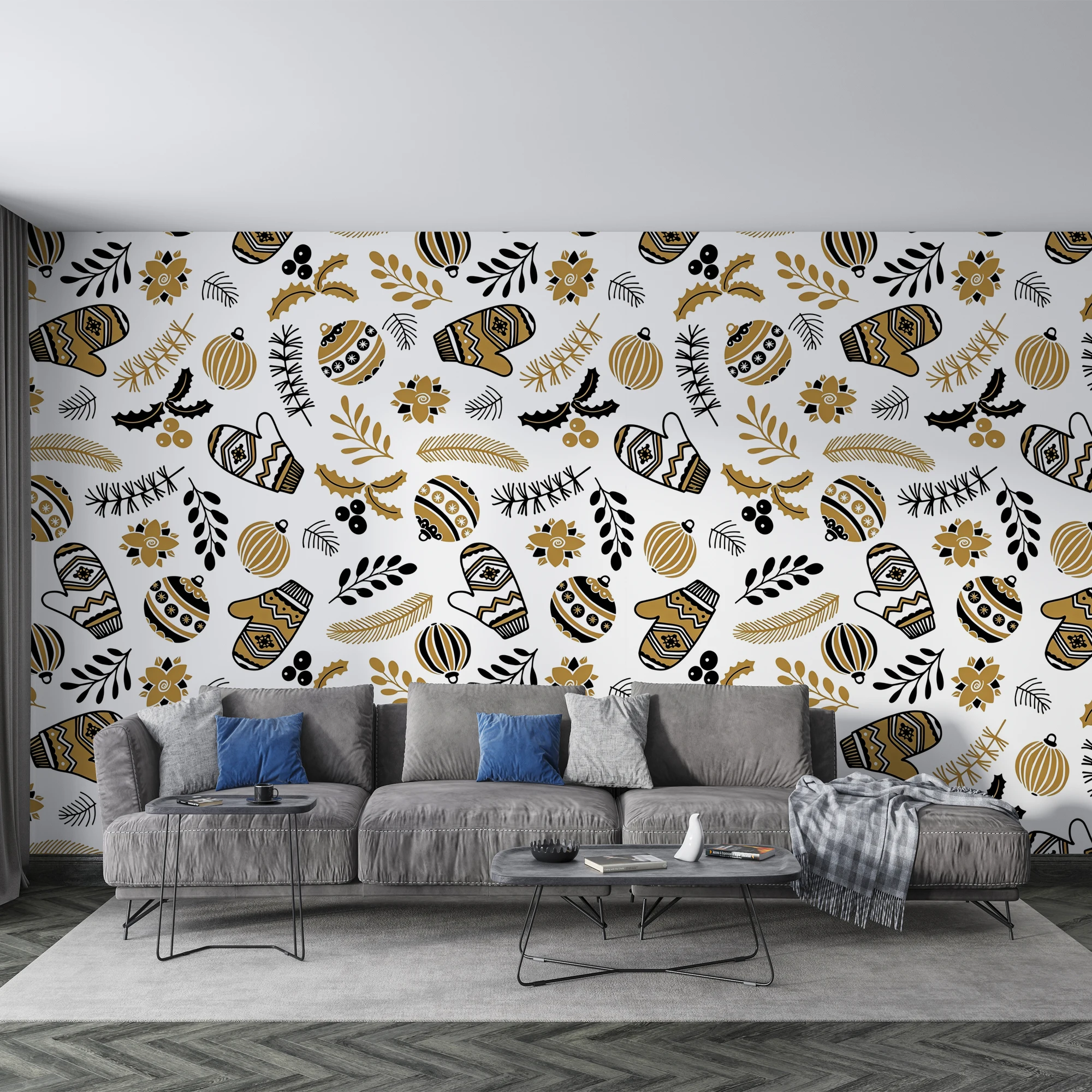 Custom Mural Wallpaper Black Gold Christmas Pattern Peel And Stick Wall Mural Xmas Bauble Glove Holly Holiday Home Wall Decor