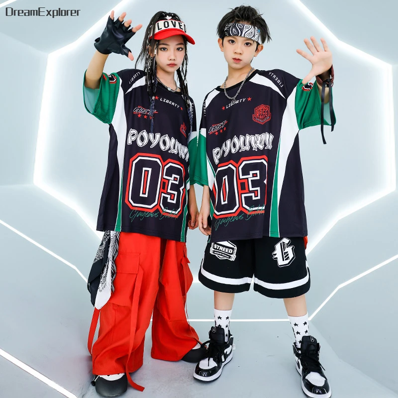 Boys Hip Hop Contrast T-shirt Street Dance Shorts Girls Loose Red Cargo Pants Child Streetwear Kids Jazz Costumes Clothes Sets