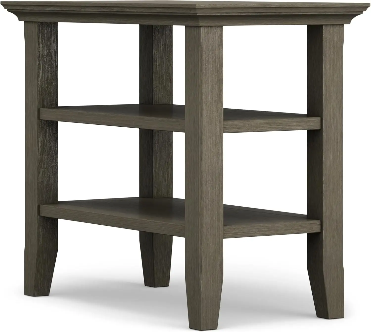 Mesa auxiliar estrecha contemporánea rústica rectangular de 14 pulgadas de ancho de madera maciza acadian en gris granja con almacenamiento, 2 estantes,