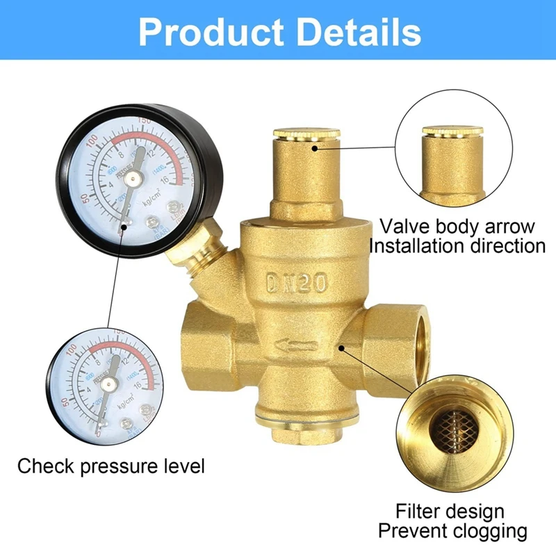 Water Pressure Reducing Valve 3/4In With Gauge, Adjustable Water Pressure Reducing Valve For Water Pressure Regulator DN20