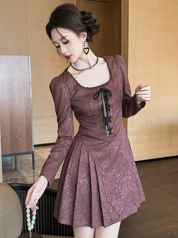 Minivestidos Retro franceses para mujer, ropa dulce y bonita, vestido plisado con cordones, Vestidos de fiesta de calle alta para mujer, pausa para café