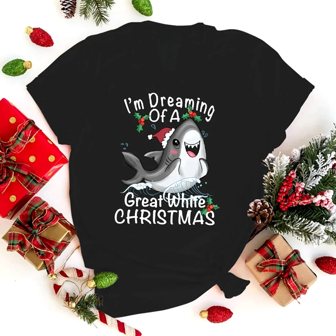 I'm Dreaming of A Great White Christmas Shark Print T-Shirt Girl T Shirt Soft Print Top Unisex Tee Clothing Casual Fashion Tops