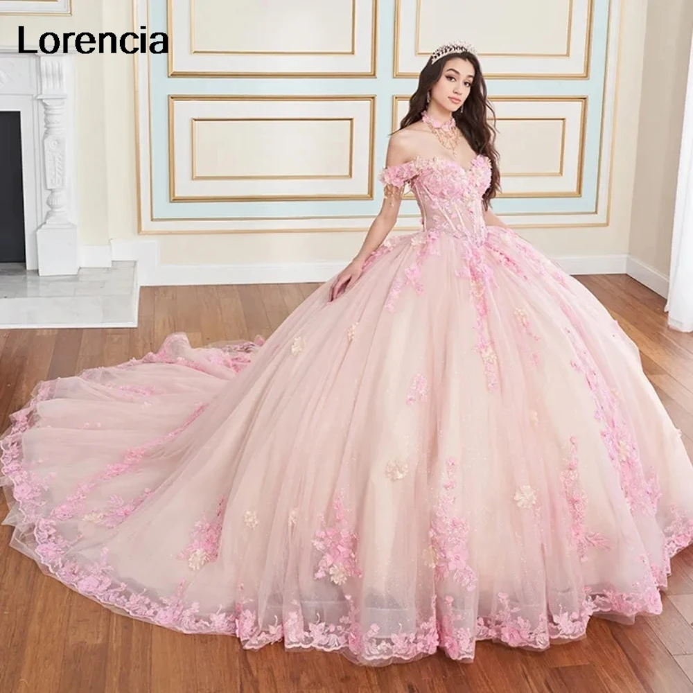 Lorencia Sparkly Purple Quinceanera Dress Ball Gown White Lace Applique Beaded Mexico Corset Sweet 16 Vestidos De 15 Años YQD991