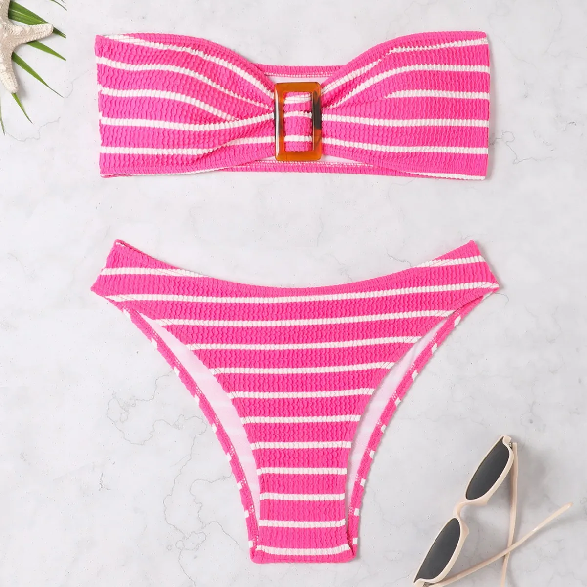 Summer Sexy Strapless Bikini Set for Women - Striped Pull-On Swimsuit for Small Chest Stylish Instagram-Worthy Vacation Swimwear